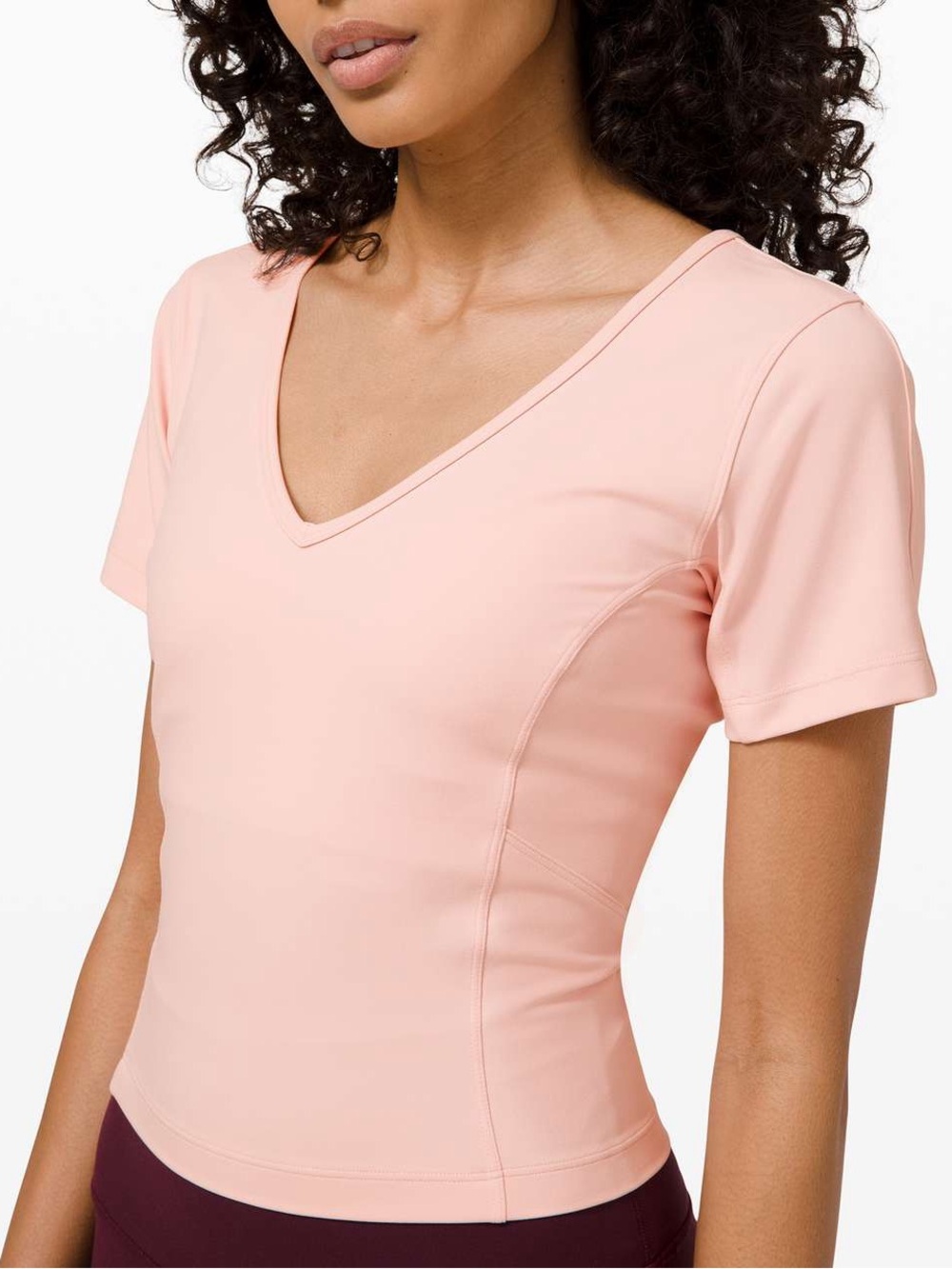 Lululemon Nulu Cropped Slim Yoga Short Sleeve Shirt - Pink Mist V Neck Tee